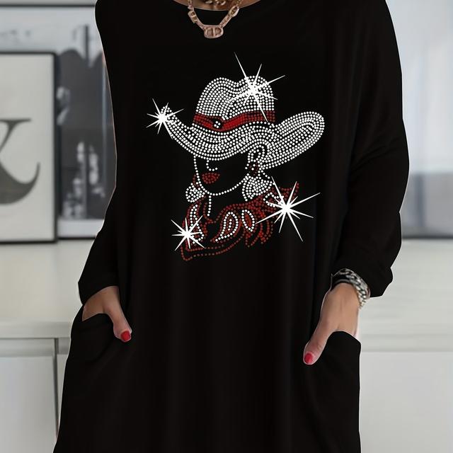 TEMU T-shirt Features A Stylish Design With A Western Cowboy Hat, Drill Patterns, And Luxurious Details. A Trendy New Arrival With A Round Neck, Long Sleeves, And A Pocket.