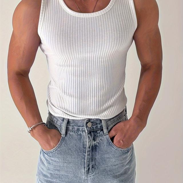 TEMU Summer Men's Ribbed Tank Tops Polyester 100 Neck Medium Stretch Sleeveless Shirts For Training - Athletic Skinny Fabric Tanks