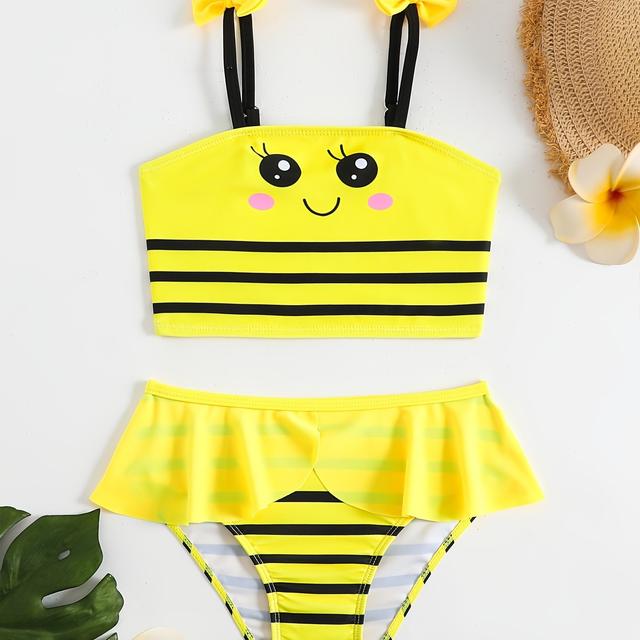 TEMU Маленька Бджілка Розділений Танкіні для Дівчаток з Милим Бантом, Спідниця-Танкіні в Стилі Смугастий Купальник