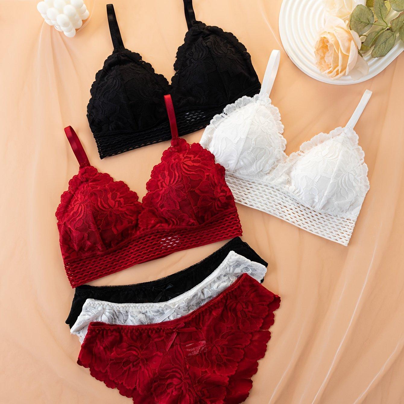 TEMU 3pcs Set: Fashionable Casual Lace Women's Underwear Set, Push-up Wire-free Backless Bra Set, Wearable Tank Top And Camisole Set