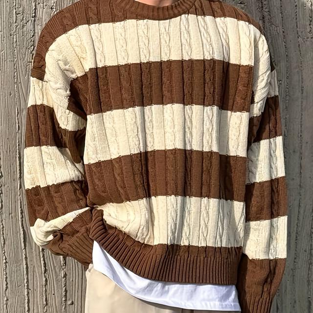 TEMU Herren Slim Fit Casual Strickpullover - & Brauner Gestreifter Rundhals-Pullover, Maschinenwaschbarer Warme Langarm für Herbst Winter Alltagskleidung, Strickstoff