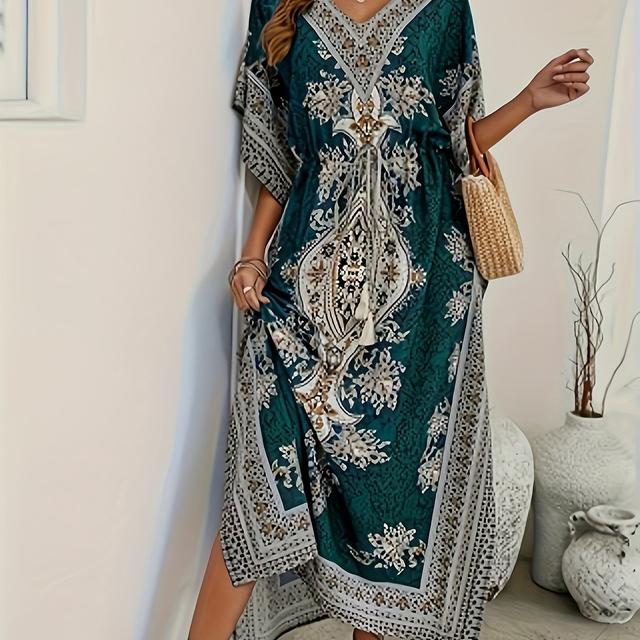 TEMU Robe longue du Moyen- pour femmes de grande taille avec col en V, robe à manches courtes à imprimé ethnique tie-dye, cache-maillot de bain de mode plage, tunique décontractée à enfiler pour .