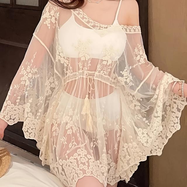 TEMU Hollow Embroidery V-neck Bohemian National Wind Bat Swimsuit Blouse