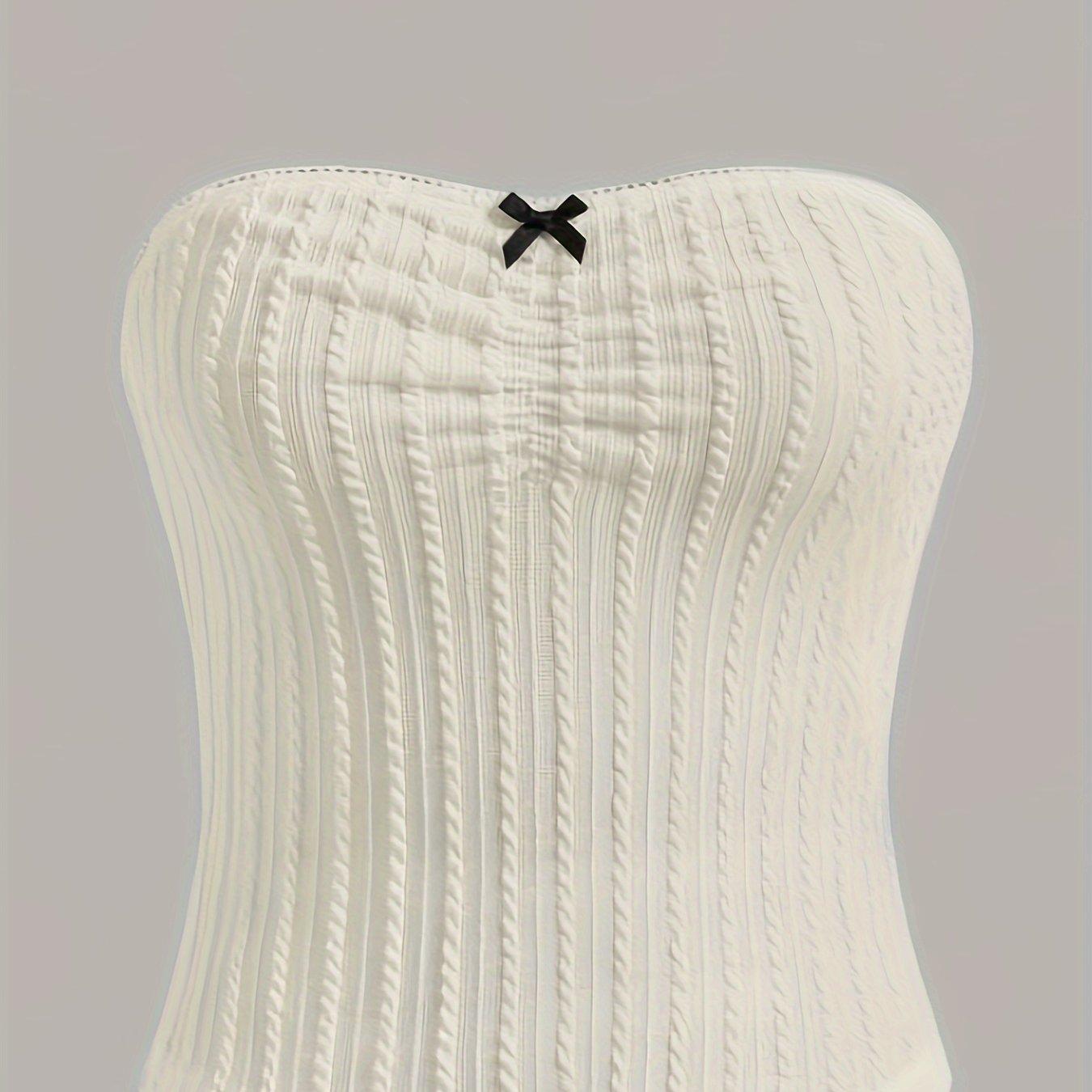 TEMU Elegant Off-shoulder Strapless Top For Women - Chic Bow Detail, Ribbed Knit, Stretchy Polyester Blend, Non-see-through - Ideal For Spring/summer/fall, Hand Washable