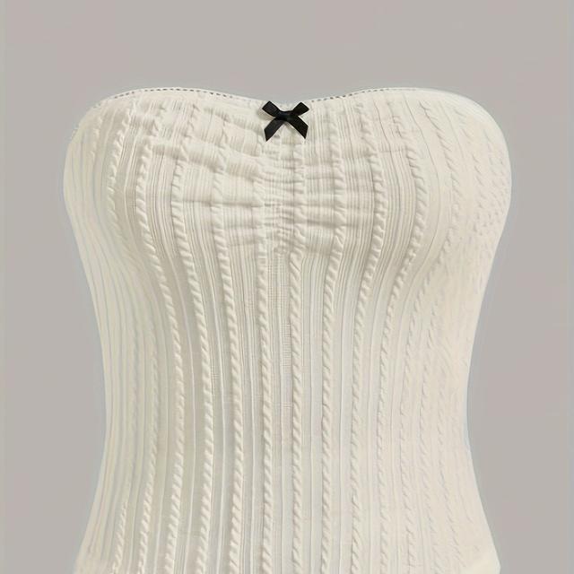 TEMU Elegant Off-shoulder Strapless Top For Women - Chic Bow Detail, Ribbed Knit, Stretchy Polyester Blend, Non-see-through - Ideal For Spring/summer/fall, Hand Washable