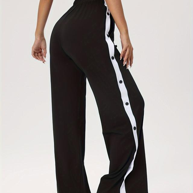 TEMU High Waist Button Side Track Pants, Polyester Spandex , Sports Style, High Stretch Knit Fabric, Solid Color, Loose Fit, Long Length Yoga Pants For Fitness Running - All Season Suitable