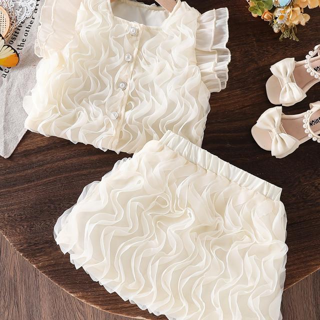 TEMU Girl'-dimensional Wavy Mesh 2pcs Set, Apricot Summer Breathable Top And Skirt Set