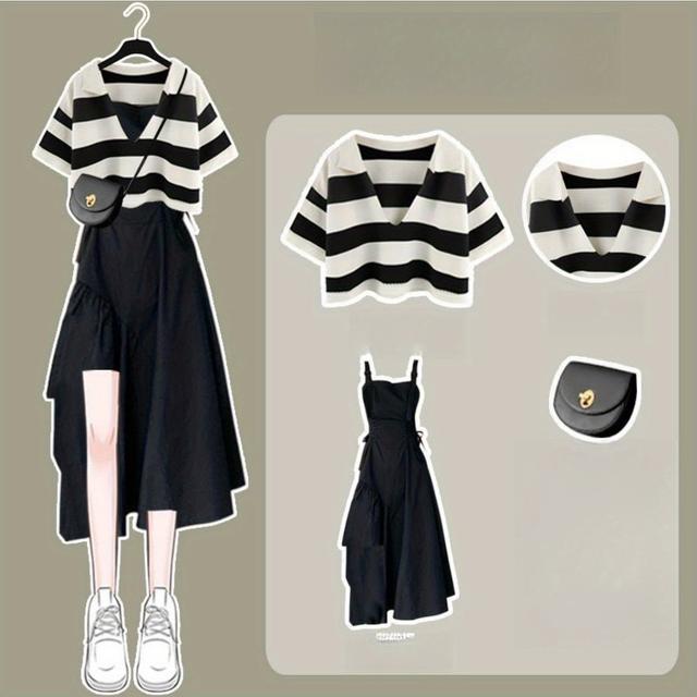 TEMU デイリードレスセット 韓国女性 夏セット 女性 新しいストライプ 半袖トップス 女性 スラップ ワンピースセット