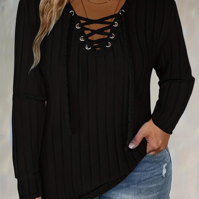 TEMU Plus Size, Elegant Lace- Size Women's Ribbed Long Sleeve T-shirt