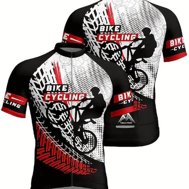 TEMU 1pc 남성 사이클링 자켓 - "BIKE 사이클링" 프린트, 통기성 및 흡습성, 반사 스트립, 3개의 백 포켓, 반팔, 지퍼 클로저, 폴리에스터, 니트 소재, 도로 및 산악 사이클링에 완벽한 스포츠 탑| 그래픽 탑|지퍼 탑