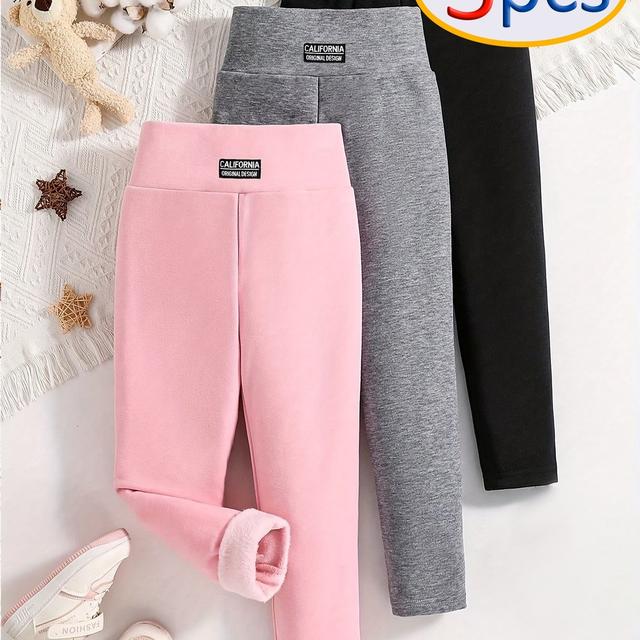TEMU Toddler Girls 3pcs Solid Color Sweatpants Girls 3pcs Letter Patch Solid Color Warm Lined Sports Leggings, For Outdoor