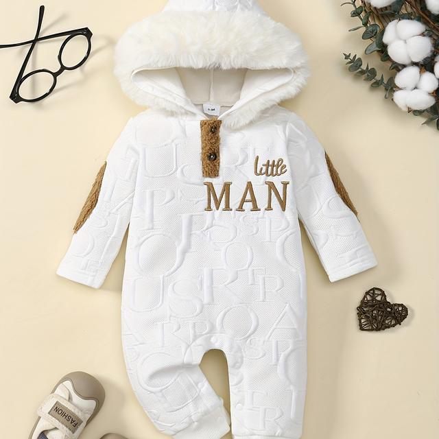 TEMU Two-piece Set For Boys With "little Man" Letter Print, Hooded Long Sleeves, , Letters, Jacquard, And Warm Fleece Collar