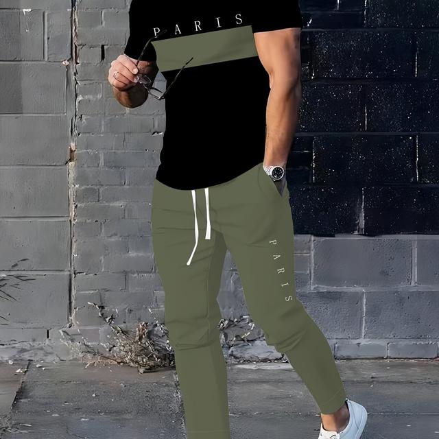 TEMU Men's Polyester Sportswear | Elegant Casual Crew Neck | Slightly Stretchy Knit With 3d Print | Regular Fit 2pcs Set | Patterned Short Sleeve T-shirt And Long Pants