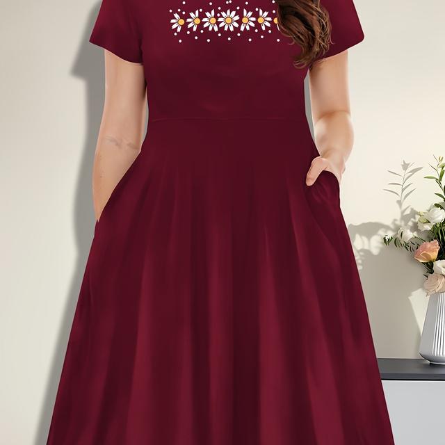 TEMU Plus Size, Plus Size Maxi Dress With A-line Umbrella Hem & Short Sleeves - Elegant Round Neck Casual Wedding Guest Dress, Party Dress, Machine Washable - All- (flower Print)