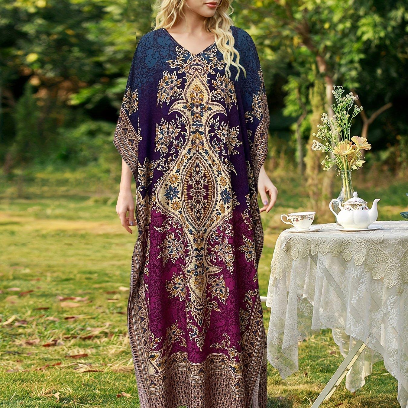 TEMU Elegant And Comfortable Short-sleeve Dress With A V-neck, Featuring Fashionable Ethnic Prints, Perfect For Spring And Summer In East