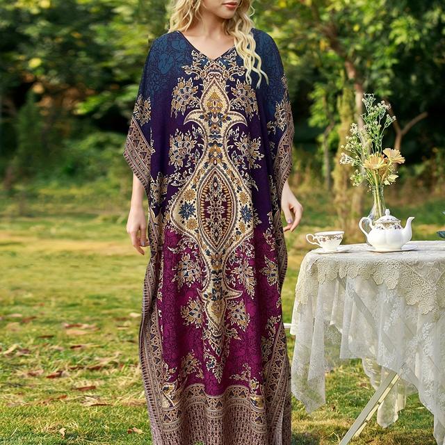 TEMU Elegant And Comfortable Short-sleeve Dress With A V-neck, Featuring Fashionable Ethnic Prints, Perfect For Spring And Summer In East