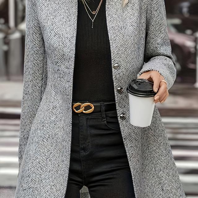 TEMU Elegant Women's Beige Coat - Chic Single-breasted, Slimming Fleece-blend Outerwear With Decorative Buttons, Long Sleeves & Pockets - Fall/winter,