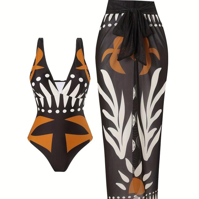 TEMU Completo due pezzi con costume da bagno stampato e gonna