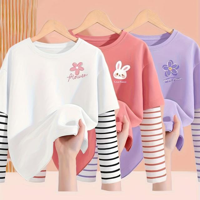TEMU 3pcs Girls' Long Sleeve Round Neck T-shirts, Kids Pullover Tops With Medium Stretch - Versatile Knitwear For Autumn And Winter