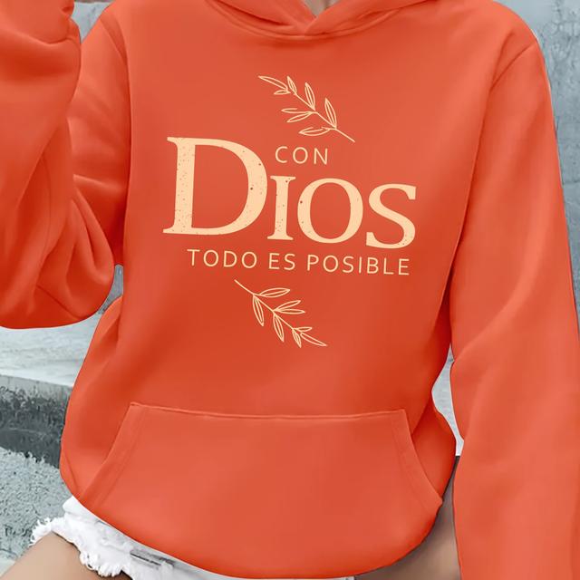TEMU 1pc Women's Casual Polyester Pullover Hoodie With "con Dios " Print, Slight Stretch Knit Fabric, Hooded Sweatshirt With Pocket