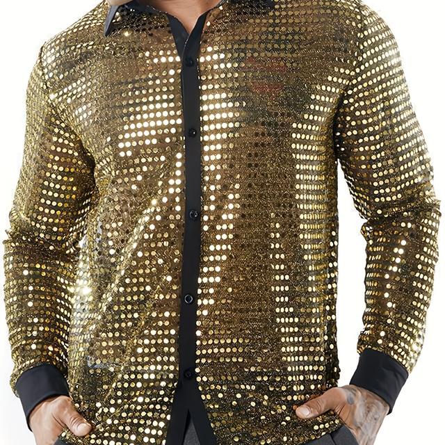 TEMU 's Fashion Shirt With Shiny Sequins, Casual Long-sleeve Shirt With A Glossy Collar In European Sizes.