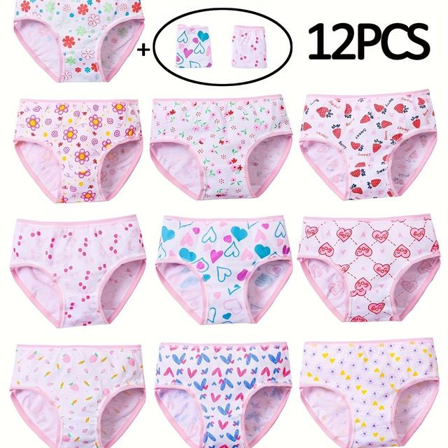 TEMU 12pcs Girls' Novelty Briefs, Soft Comfy Kids' Triangle Panties, Cute Print Underwear