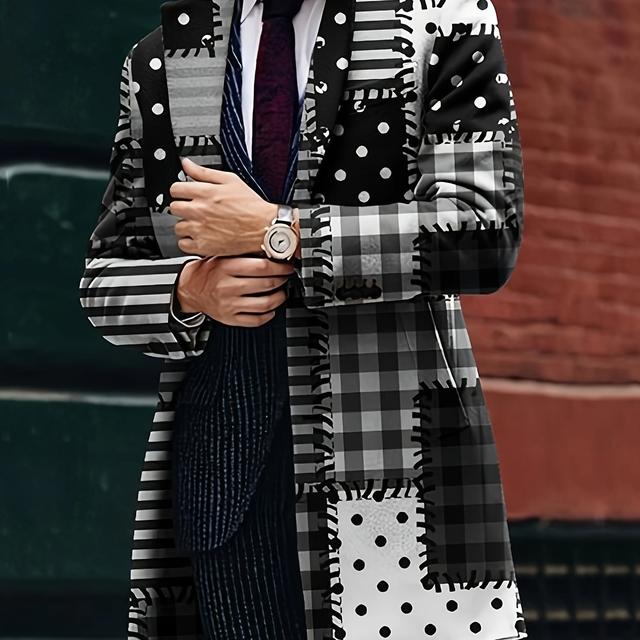 TEMU Herren-Überzieher mit Patchwork-Polka-Dot- und -Print, Polyester-Arbeitsstil, nicht dehnbares Gewebe, Regular-Fit, mit Revers-Kragen, für Frühling/Herbst-Strickjacke