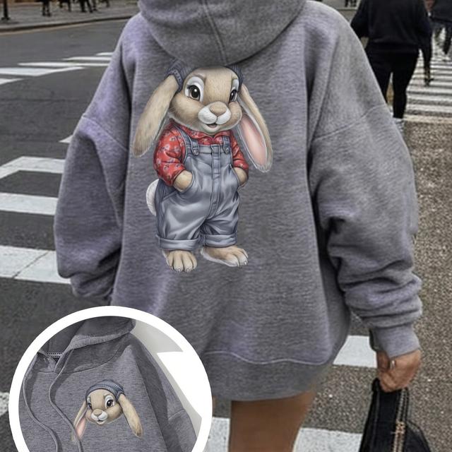 TEMU Chic Rabbit Cartoon Print Hoodie For Women - Cozy Polyester, Casual Pullover With Kangaroo Pocket, Fall & Winter
