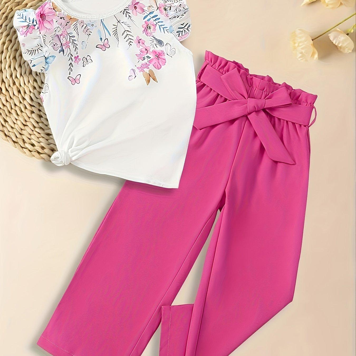 TEMU Youth Floral Print Short Sleeve And Pink Trousers Outfit, For Outdoor