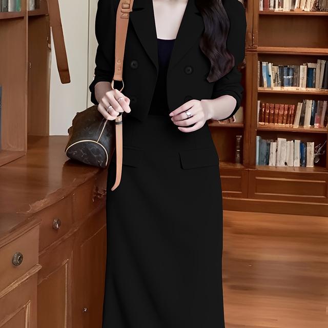 TEMU Korean Version Of Autumn Fashion New Suit Collar Double-breasted Small Top High-waisted Slimming Set Skirt Two-piece