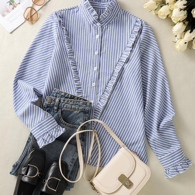 TEMU 1pc Chic Striped Stand Collar Long Sleeve Polyester Blouse For Women, Detail, Single Breasted, Woven Shirting, All , Regular Length