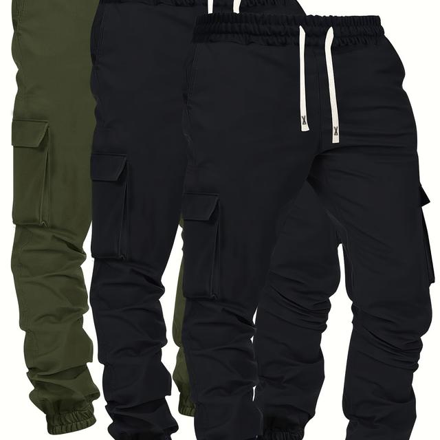 TEMU 3pcs Men's Trendy Solid Footed Drawstring Cargo Pants With Side Pocket, Casual Regular Fit Trousers For Men's Outdoor Activities, Spring And Fall