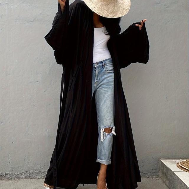 TEMU Plus Size Solid Color Swimsuit With A Waist-cinching Shawl And Long Sleeves For Women, Like A Kimono