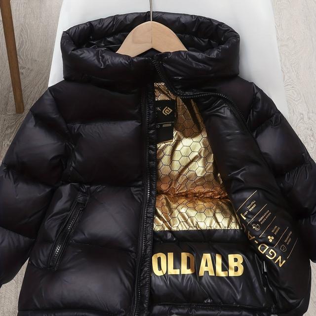 TEMU Chaqueta corta infantil negra y dorada, para otoño e invierno, apta para niños medianos y grandes, con capucha, chaqueta de invierno gruesa, abrigo para 3-12 años, a