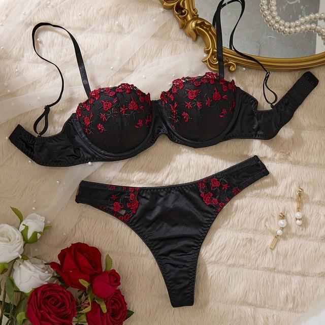 TEMU Black Flower Embroidery Underwear Set, Women's Push-up Bra And Panty, Autumn And Winter High-quality Bra And Low-waist Panties