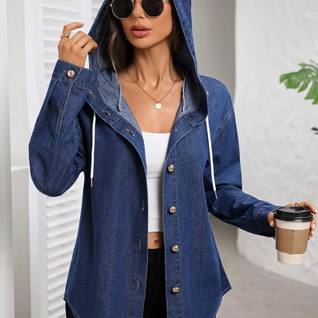 TEMU Denim Shirt met Capuchon voor Dames, Diepblauwe Casual Fashion Top