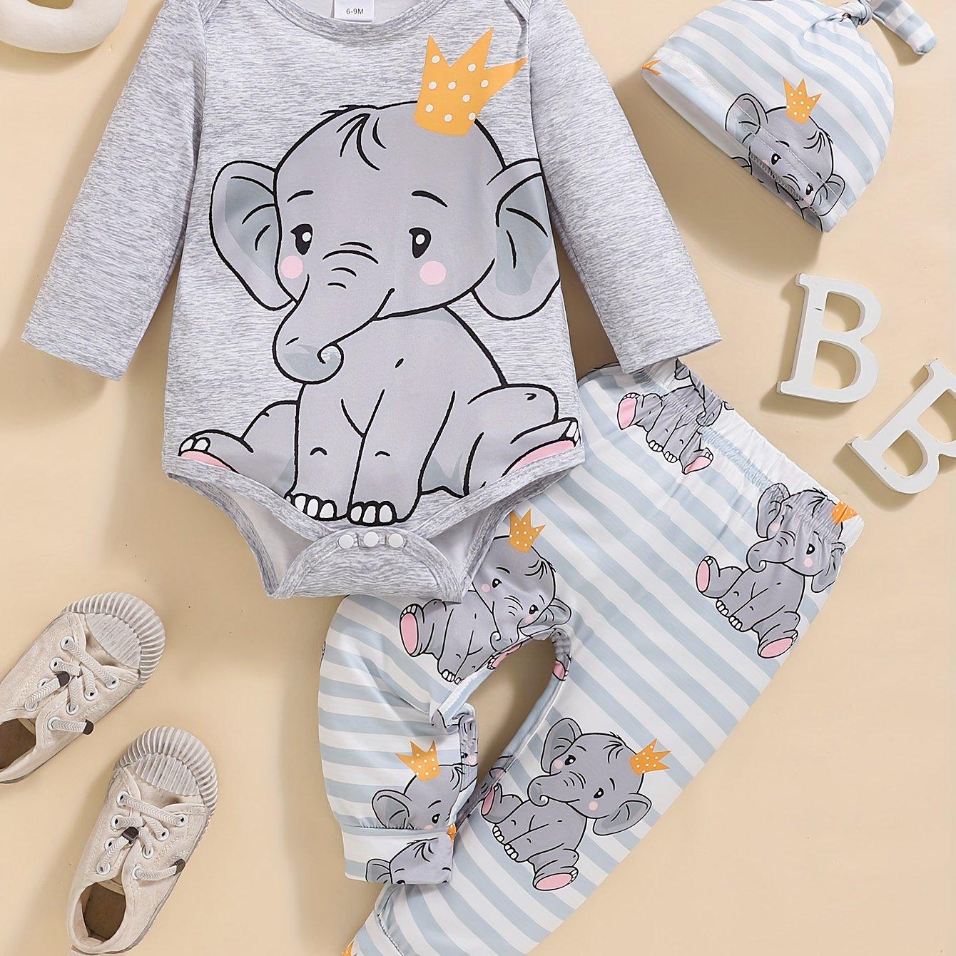 TEMU Adorable Elephant & Crown Print 3pcs Set For Baby Boys - Comfy Romper, Striped Pants & Matching Hat - Machine Washable, Perfect For Outdoor