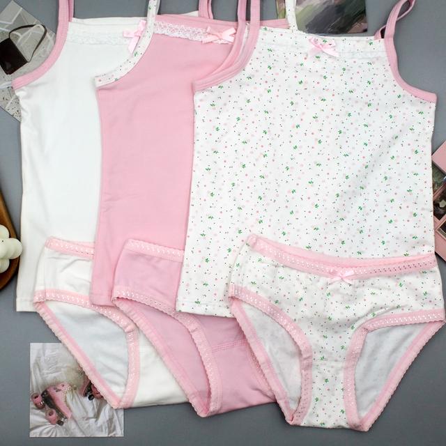 TEMU 3 Sets Girls' Floral Camisole Underwear Set - Soft Pink & Floral Print, Mid-rise Briefs With Bow Detail, , Perfect For Christmas Gifts, And Holiday Presents, Cute Underwear, Design,
