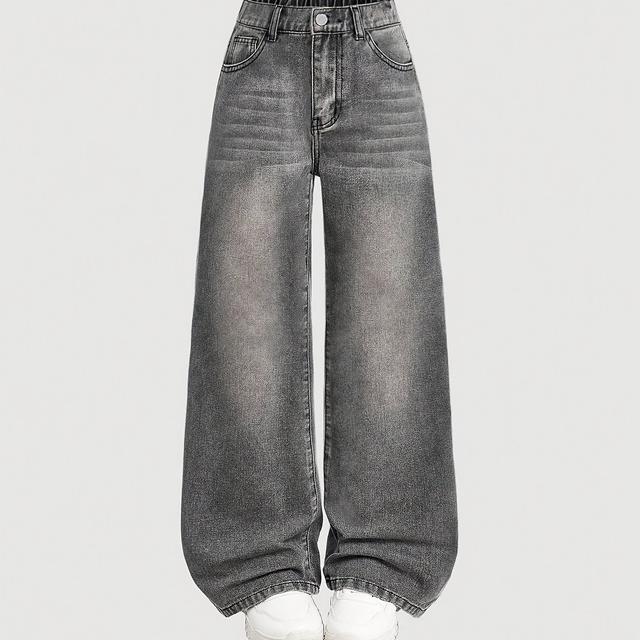 TEMU Girls' Vintage Solid Color Wide-leg Denim Long Pants, Versatile Casual Trousers Suitable For All , A Must-have For And School, For Outdoor