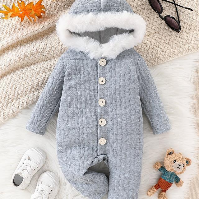 TEMU Un mameluco con capucha jacquard para bebés varones, ideal para uso casual en otoño e invierno, con un color sólido y una sola de botones con largas regulares, para exteriores.