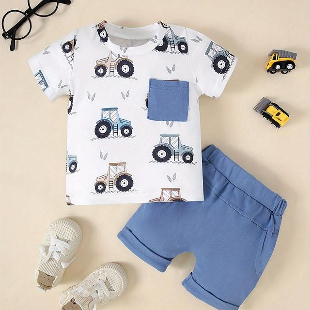 TEMU Sommer Baby Jungen Neugeborenes Auto Vollbedruckt Rundhals Kurzarm + Blaue Shorts Set, für Draußen