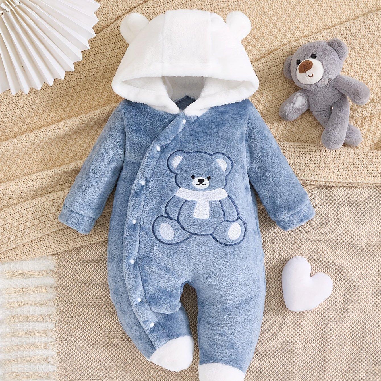 TEMU Baby Romper Onesie Autumn And Winter Thickened Warm Cute Scarf Bear Applique Embroidery Button Design Footed And Footed Jumpsuit Baby Christening Dress Outerwear, For Outdoor