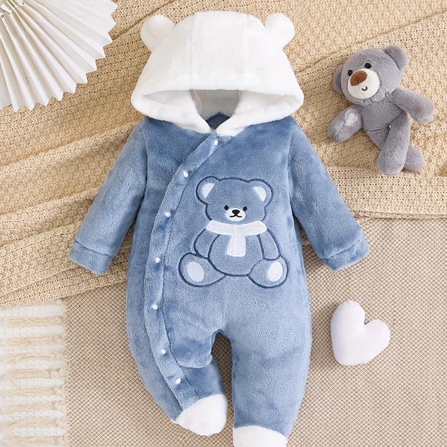 TEMU Baby Romper Onesie Autumn And Winter Thickened Warm Cute Scarf Bear Applique Embroidery Button Design Footed And Footed Jumpsuit Baby Christening Dress Outerwear, For Outdoor