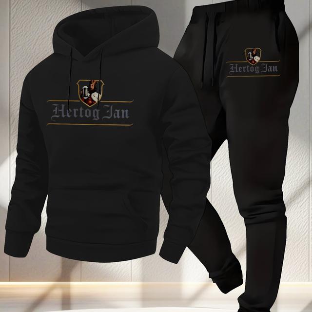 TEMU Men' Sports Hoodie And Fleece Pants Set, Style, Regular Fit, Stretch Fabric, With "hertog Jan" Print, For Fall/winter, Casual Streetwear|hooded Sweatshirt|fleece Pants, Sweater Hoodie