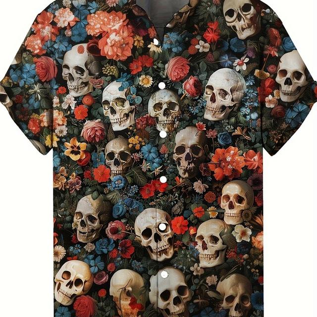 TEMU Men's Casual Floral Skull Print Short Sleeve Lapel Shirt, Polyester Spandex , Regular Fit, Button Up, Single Breasted, Wear
