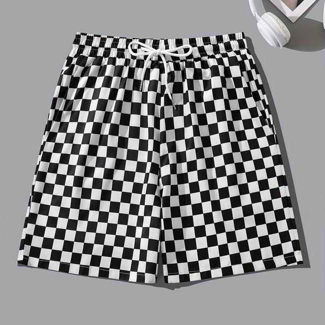 TEMU Checkered Print Drawstring Waist Shorts - Casual, Non-stretch Polyester Fabric, Black & White Pattern, Ideal For Summer , Hand Or Only