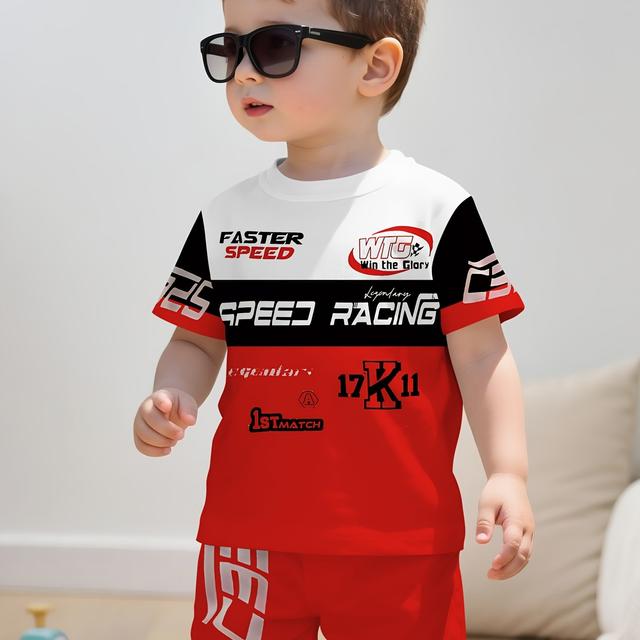 TEMU A New Summer Collection Featuring A 2pcs Set For Baby Boys And Toddlers: A Casual And Stylish Crew-neck T-shirt And Shorts Set With A '' Racing Theme Print, For Outdoor