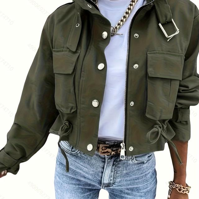TEMU Veste de Travail Femme Printemps et Automne à Multiples Poches, Col , Taille à Cordon - Manteau Polyvalent pour Diverses Occasions