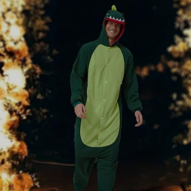 TEMU Cozy Fleece-lined Men's Dinosaur Hooded Onesie Pajamas - Long Sleeve, Warm & Thick For Fall/winter | Perfect For Halloween & Christmas Parties