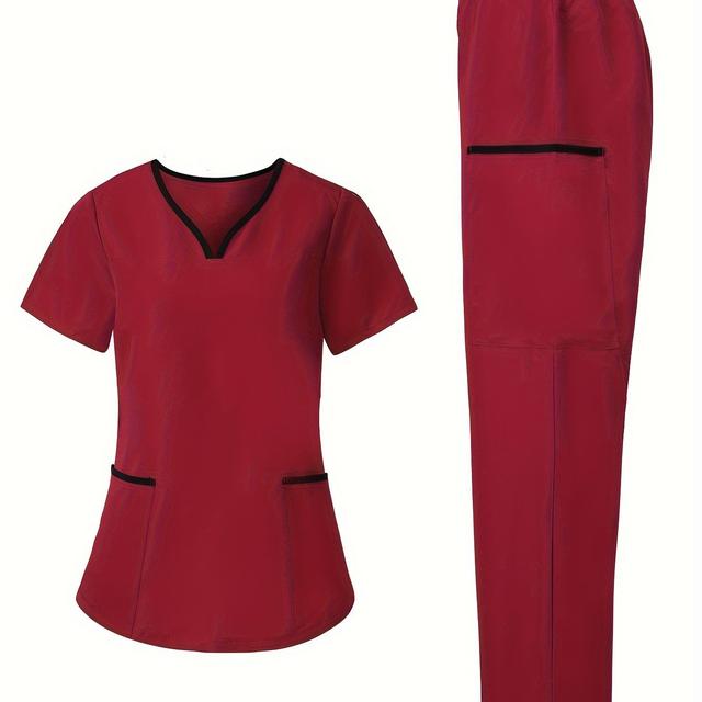 TEMU Fashionable Style V-neck Nurse Uniform For Women – Soft, Breathable, Machine Washable, Color- Matte Fabric, Functional Patch Pockets, Suitable For Nurses And Professionals – , , Wear